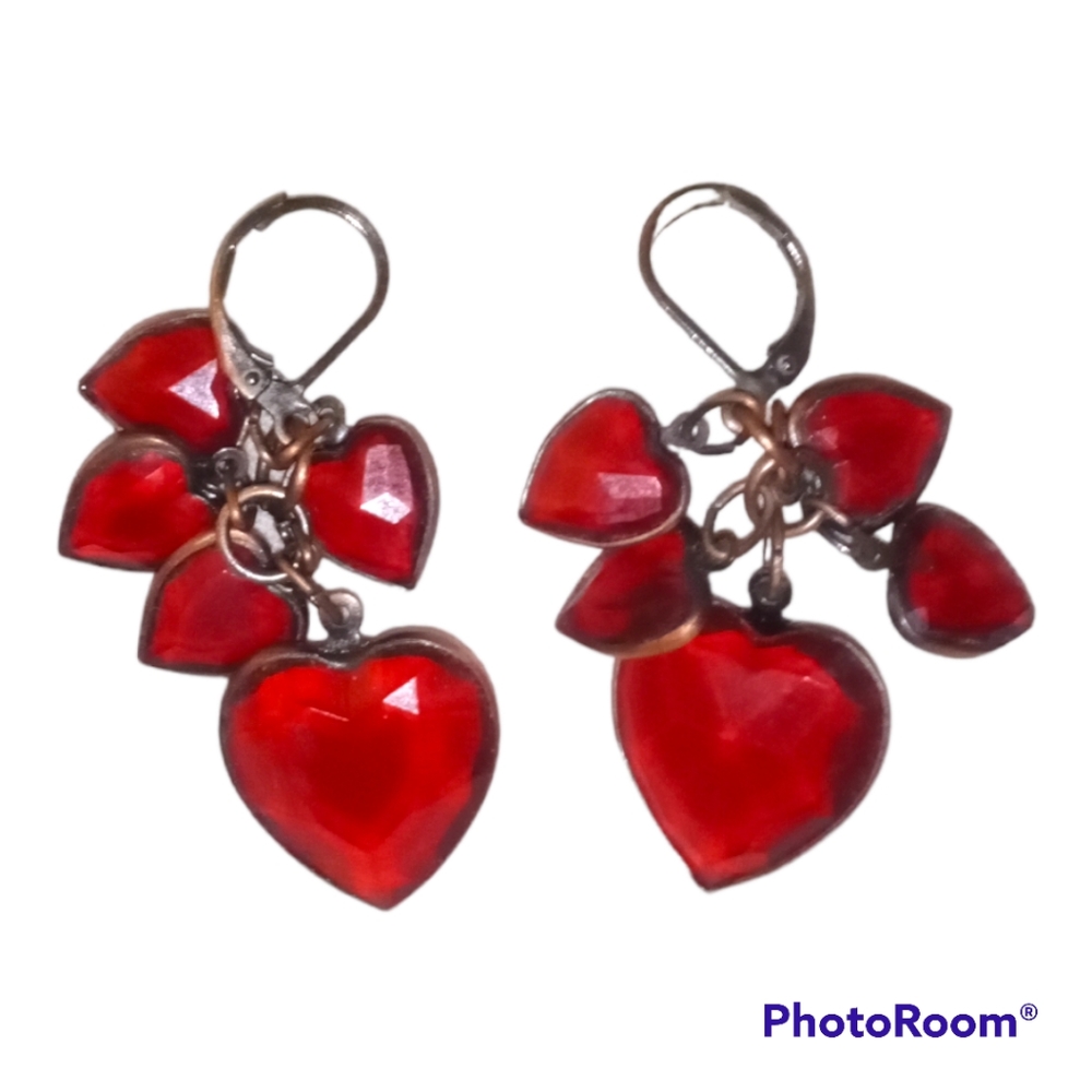 Red glass and silvertone heart earrings